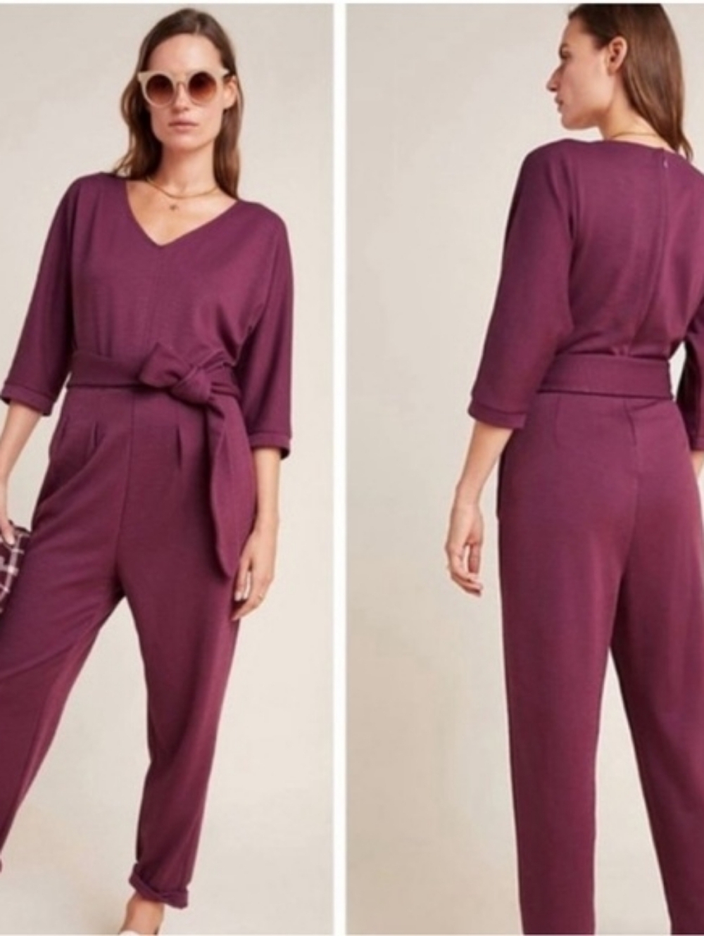 Anthropologie Womens Purple Plum Sutton V Neck Tie Belted Jumpsuit Size Medium